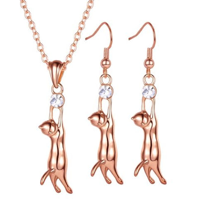 U7 Cat Pendant Necklace for Women Stainless Steel Cute Kitty Cat Jewelry Gift - style: Rose Gold(Necklace+Earrings)