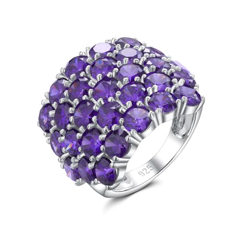 925 Sterling Silver Pave Birthstone Chunky Statement Rings for Women Men | 14K Gold Plated/Silver Large Dome Ring Birthday Cocktail Jewelry,Size 6 to 10(with Gift Box) - color: 02-Created Amethyst-Feb.