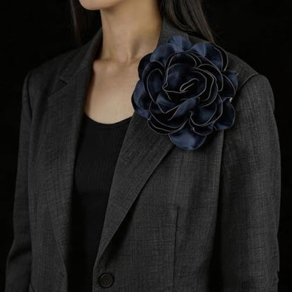 Dainty Satin Fabric Rose Flower Brooches 7.5in Extra Large Big Camellia Flower Brooches Lapel Pins for Women Wedding Party Dance Dress Clothes Accessories - color: Blue