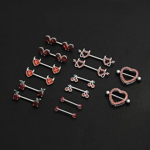 8 Pairs Nipple Rings 14G Stainless Steel Heart Cherry Apple Devil CZ Acrylic Ball Stud Barbell Tongue Rings Set Cute Nipplerings Piercing Jewelry for Women Red Silver Tone - color: Red