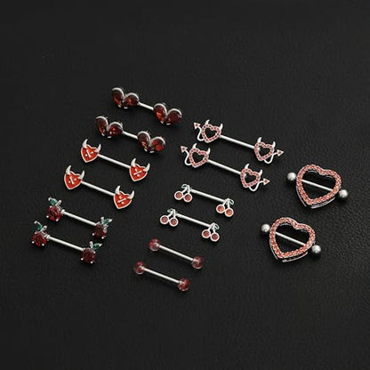 8 Pairs Nipple Rings 14G Stainless Steel Heart Cherry Apple Devil CZ Acrylic Ball Stud Barbell Tongue Rings Set Cute Nipplerings Piercing Jewelry for Women Red Silver Tone - color: Red