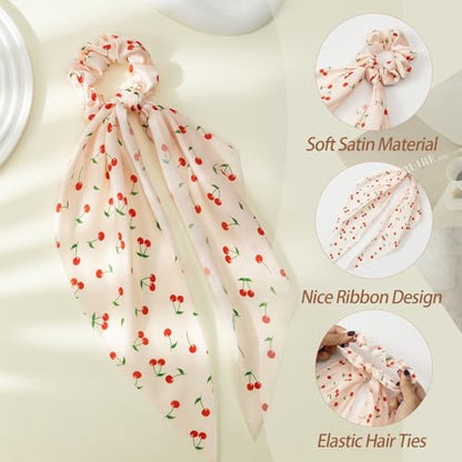 6 PCS Bow Silk Scrunchies, Hair Ties with Bows, Hair Scarf Scrunchies | Knotted Scrunchie Bow for Women, Satin Hair Ribbon Elastic Hair Tie Hair Accessories, Long, Cherry Pink - color: Cherry-Pink