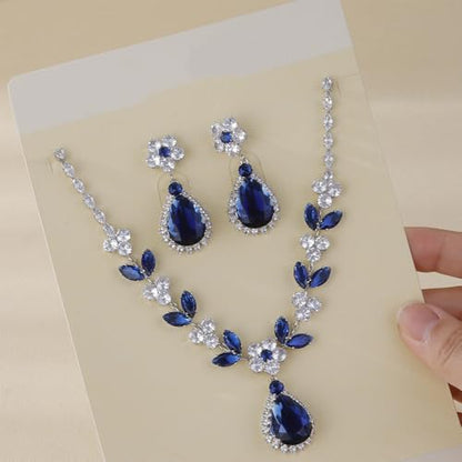 OIDIMS Elegant Teardrop Flower Leaf Wedding Bridal Jewelry Set for Women Ladies Cubic Zirconia Pendant Choker Necklace Drop Dangle Earring Fashion Evening Party Formal Costume Accessories Jewelry - color: Blue