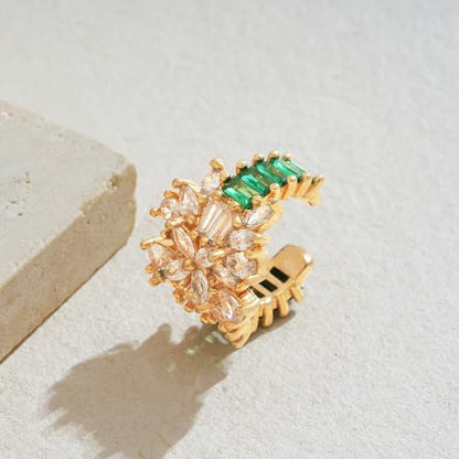 Gold Ear Cuff Earring for Women 14K Gold Plated Cubic Zirconia Non-Pierced Clip on Cartilage Chunky Ear Cuffs Hypoallergenic Jewelry - style: flower