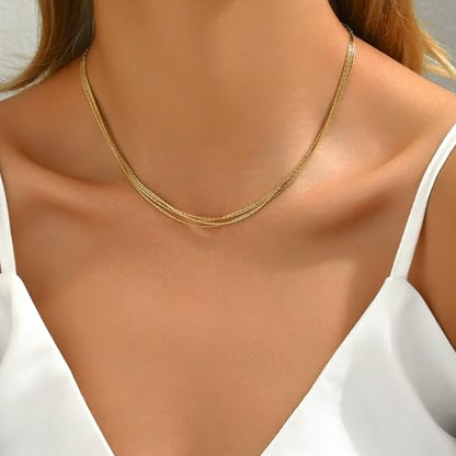 18K Gold Plated Layered Herringbone Necklaces for Women Dainty Layering Beaded Snake Chain Choker Moon Coin Pendant Necklace Trendy Stainless Steel Jewelry - color: Four Wire-Gold