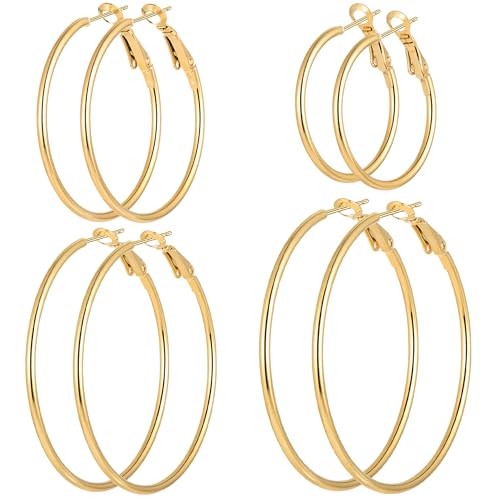 4/10 Pairs Stainless Steel Gold Silver Plated Hoop Earrings Hypoallergenic Dainty Big Small Hoops Earrings Set for Women - color: 4 Pairs Gold Plated Hoop Earrings Set