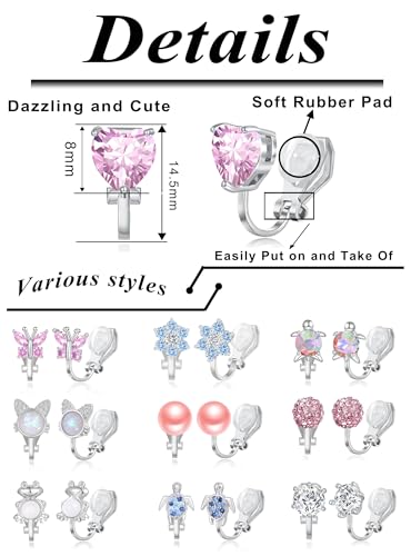 Tornito 10-15 Pairs Clip on Stud Earrings Non Pierced Teardrop Round Square CZ Pearl Twist Knot Flower Butterfly Heart Star Rainbow Cat Opal Clip on Earrings for Women - color: E: 10 Pairs