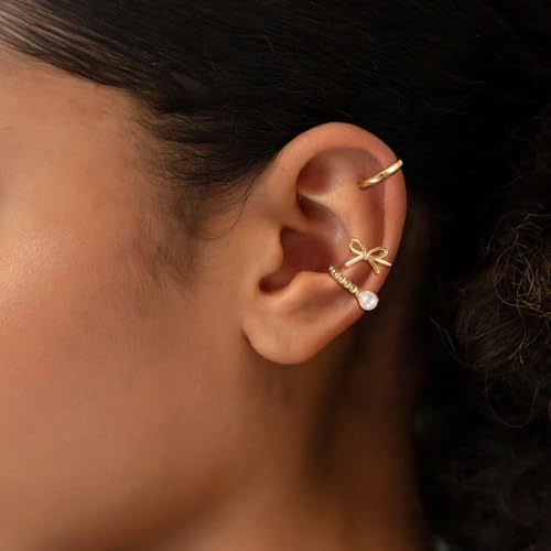 14K Gold Plated Ear Cuff Earrings for Women, Dainty Ear Cuffs Clip on Earrings Non Piercing Trendy Cubic Zirconia Cartilage Hoop Earring Fashion Jewelry Sets for Women - color: 3PCS/Pearl