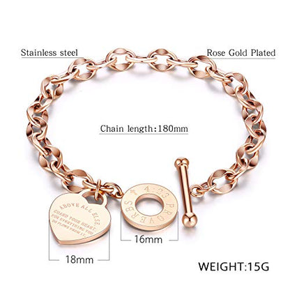 kelistom 316L Stainless Steel Love Heart Charm Bracelet for Women Romantic Gift Silver/Rose/18k Gold Plated OT Clasp Bracelets - color: rose gold