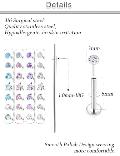 20G 18G 16G Threadless Lip Labret Nose Rings Studs Flat Back Earrings 316L Surgical Steel Snake Bites Lip Medusa Monroe Rings Push in Cartilage Tragus Helix Conch Earrings Studs 6mm 8mm 10mm - color: Silver-18G（1.0mm)-8mm Bars-3mm CZ