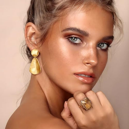YUJIE Clip On Earrings for Women Dangle Hammered Geometric Earrings Gold Plated Jewelry - color: gold