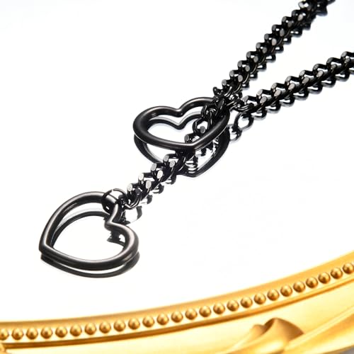 Qitian Stainless Steel Adjustable Lariat Y-Necklace for Men,Punk Gothic Cuban Necklace Jewelry,Heart O-ring Slip Chain Necklace for Women - color: Black