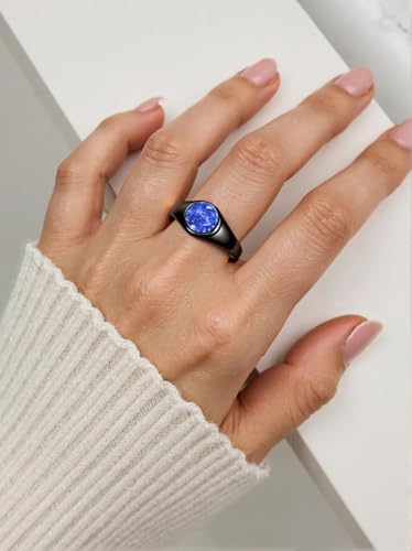 MYNENEY Stainless Steel Round Shape Classical Simple Plain Wedding Engagement Statement Pinky Band Signet Rings for Men Women Size 4-15 - color: Lapis lazuli-Black