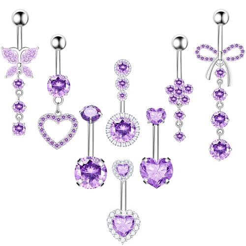 BSJ4U 8Pcs Gold Pink Silver Belly Button Ring Dangle Navel Belly Piercing Jewelry Cute CZ Butterfly Heart Flower Bow Navel Belly Rings for Women 14G Hypoallergenic Surgical Stainless Steel Dainty Dangling Dangly Belly Button Piercing Pack - color: Purple