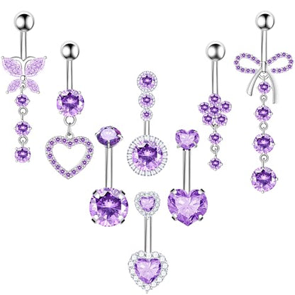 BSJ4U 8Pcs Gold Pink Silver Belly Button Ring Dangle Navel Belly Piercing Jewelry Cute CZ Butterfly Heart Flower Bow Navel Belly Rings for Women 14G Hypoallergenic Surgical Stainless Steel Dainty Dangling Dangly Belly Button Piercing Pack - color: Purple