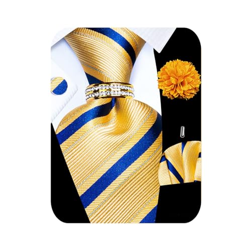 5PCS Mens Silk Tie, Pocket Square, Cufflinks, Drilled Tie Ring and Lapel Pin Set for Wedding Groom Party - color: Gold Tie Set -300+7