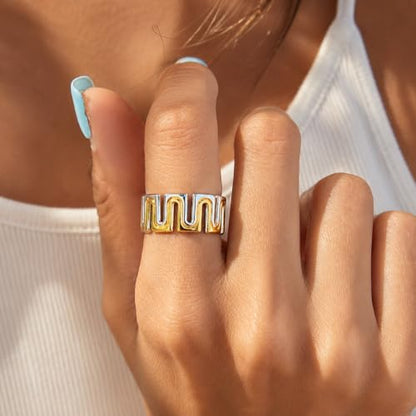 Gold Open Ring Stainless Steel Geometric Wide Band Adjustable Statement Ring for Women Daily Party Jewelry - color: B0104-Silver