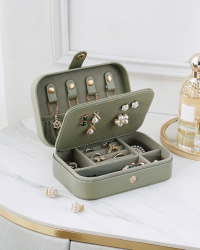 Jewelry Travel Case, Portable Travel Jewelry Box for Women, PU Leather, Snap Closure, Jewelry Holder Organizer Travel Essentials, Green - color: Green