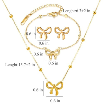 Gold Bow Necklace Bracelet Earrings Set for Women Bowknot Choker Necklace Ribbon Stud Earrings Silver Bow Bracelet Christmas Holiday Jewelry - color: Gold