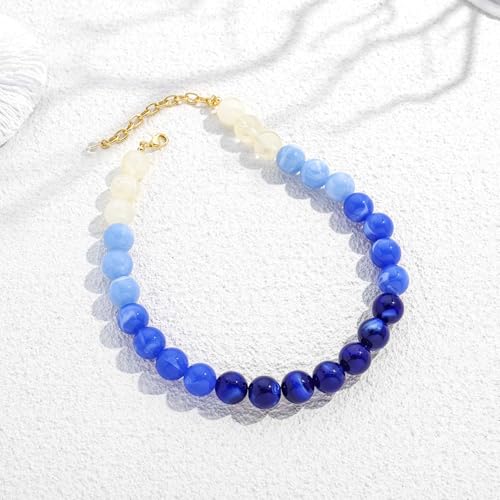 Chunky Beaded Necklace for Women Boho Statement Bead Necklace | Adjustable, Lightweight Choker, Round/Oval/Pebble Beads, Trendy Summer Beach Jewelry - color: Blue Ombre