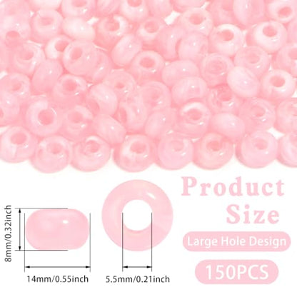150PCS 14x8mm Pink Acrylic European Large Hole Rondelle Spacer Beads with Storage Box, Loose Beads for Bracelet Necklace Earring Hair DIY Jewelry Making - color: Pink