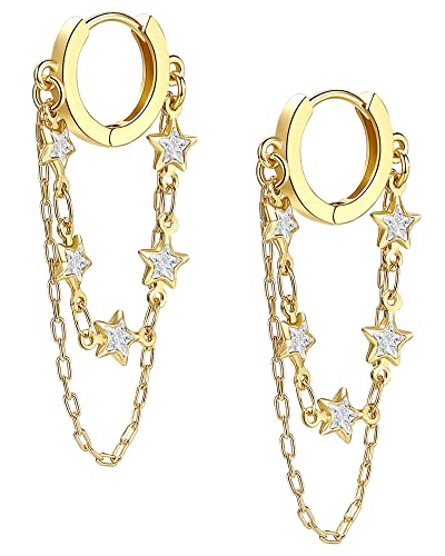 Tassel Chain Small Gold Hoop Dangle Earring For Women Huggie Earring Heart Star CZ 14K Gold Plated Fashion Jewelry Graduation Gift for Her Mothers Day Gifts for Mom - color: Star-Gold