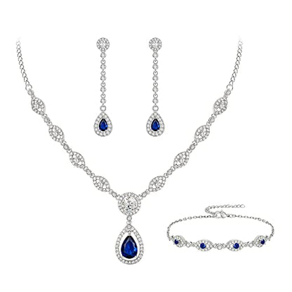 EVER FAITH Bridal Jewelry Set for Women, Stunning Teardrop Cubic Zirconia Birthstone Necklace Bracelet Earrings Sets Gift for Mothers Day/Valentines/Birthday/Christmas - color: Blue