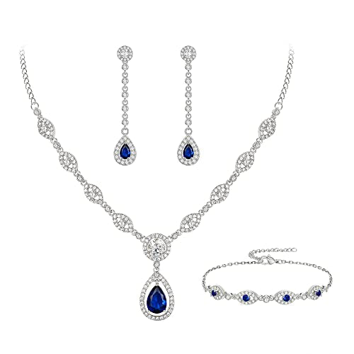 EVER FAITH Bridal Jewelry Set for Women, Stunning Teardrop Cubic Zirconia Birthstone Necklace Bracelet Earrings Sets Gift for Mothers Day/Valentines/Birthday/Christmas - color: Blue