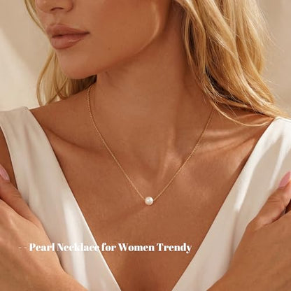 Gold Pearl Necklaces for Women Trendy, 14K Gold Plated Dainty Necklace Simple Single Double Layered Pearl Pendant Necklaces for Women Wedding Birthday Jewelry Gifts - color: 4-Round-Single-Gold