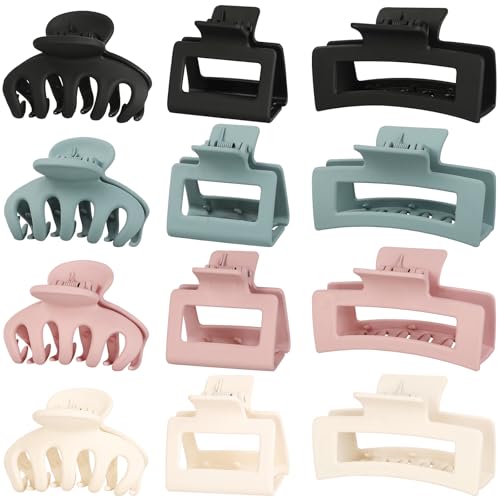 12 Pcs Hair Claw Clips for Women, 3 Styles Large Medium Small Hair Clips for Thick Thin Hair, Neutral Colors(Pink,White,Blue,Black) - color: Pink,White,Blue,Black