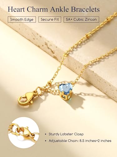 Suplight Gold Plated Butterfly Anklets for Women Waterproof, Layered Boho Ankle Bracelet with Birthstone, Stainless Steel Adjustable Non-Tarnish Heart Foot Jewelry Beach Vacation - color: 03. Heart-Mar. Aquamarine
