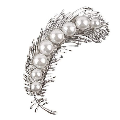 Pearl Diamond Brooch Pins for Dress Sweater Scarf, Wedding Party Decoration Birthday Christmas Gift - style: Feather (Silver)