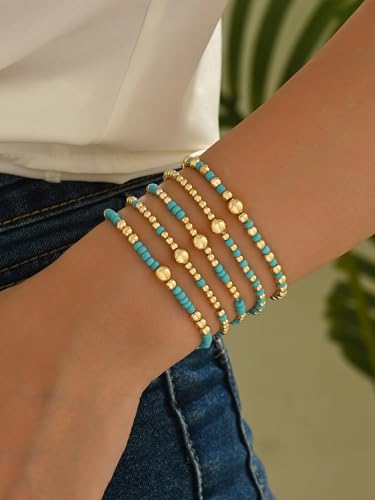 LOTSOF Bohemia Multilayer Beaded Bracelet Set, Turquoise Resin Colorful Surfer Heishi Style Elastic Spring Clasp Friendship Elastic Wristbands Summer Beach Boho Vacation Jewelry - color: Blue