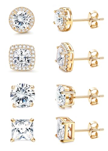 MILACOLATO S925 Sterling Silver Stud Earrings for Women Men Hypoallergenic 18K Gold Plated Cubic Zirconia Earrings Studs Brilliant Simulated Diamond Halo Earring for Sensitive Ears - style: 18K Gold Plated - Medium Size CZ