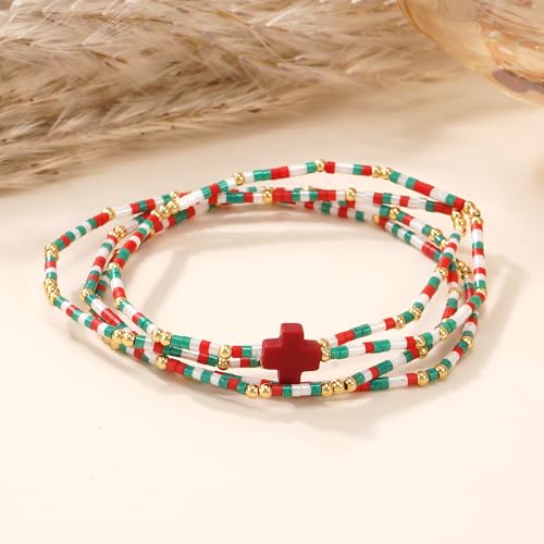 Christian Cross Christmas Stackable Seed Beaded Bracelets for Women, Boho Colorful Healing Stretch Accessories God Christ Pray Faith Amulet Jewelry, Daily Party Holiday Friendship Gift - color: Christmas