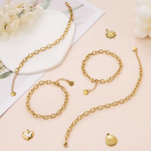 KYUNHOO 10 PCS 6.7 Inches Charm Bracelet Chains for Jewelry Making Extender | Gold Plated Stainless Steel Chain Link Bracelets Making Set with Lobster Clasps Adjustable Extender - color: Gold