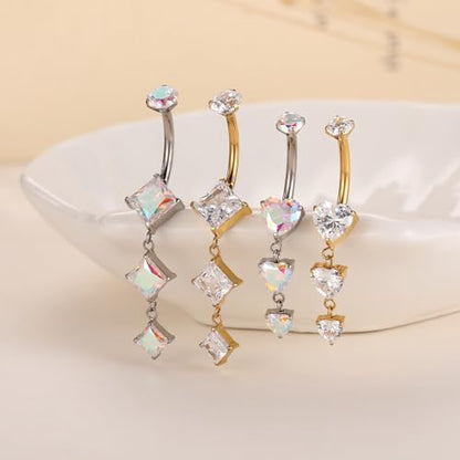 GAGABODY G23 Titanium Dangly Belly Button Ring Long Belly Rings Belly Piercing Jewelry 14G 3/8 inch 10mm Navel Barbell CZ Navel Piercing Ring - color: Style1:Gold+Dangle Square Shape Clear ABCZ