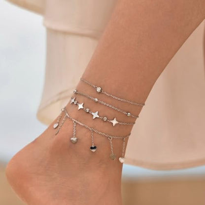 LOFITOR Anklets for Women Ankle Bracelet Charm Link Chain Set Foot | Waterproof Dainty Cz Evil Eye Beaded Anklets Adjustable Beach Foot Jewelry Feet Chains, Summer Beach Foot Jewelry Gifts - style: Heart Gold