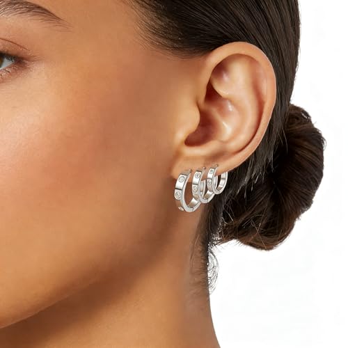 Love Friendship Hoop Earrings Set for Women 18K Gold and Silver Stainless Steel with Cubic Zirconia Stones Jewelry - style: SET-2-Silver