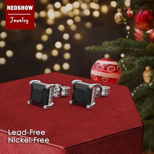 Princess Cut Cubic Zirconia Stud Earrings for Men Women | Square CZ Simulated Diamond Studs, 18K White Gold Plated Sterling Silver, Hypoallergenic - color: Black, size: 6MM