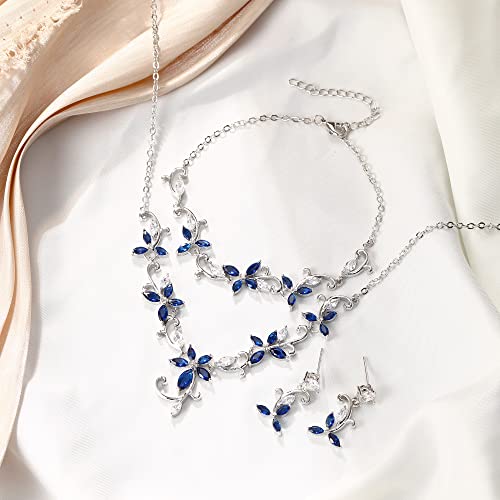 Crysdue Flower Leaf Wedding Jewelry Set for Bridal Bridemaid, Cubic Zirconia Teardrop Elegant Silver/14K/Rose Gold Plated Vine Necklace Dangle Earrings for Prom Party - style: B_Three Set Blue