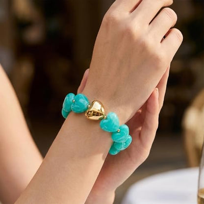 WOWORAMA Chunky Beaded Bracelets for Women Colorful Large Square Beads Bracelet Boho Acrylic Resin Stretch Bracelets Statement Chunky Bracelet Summer Jewelry - color: Heart-Blue