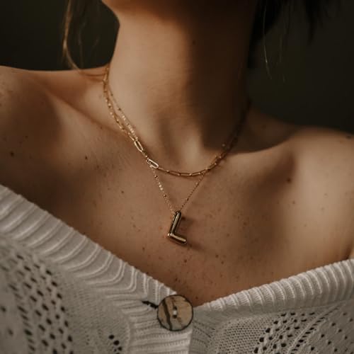 Gold Bubble Initial Necklace for Women Balloon Letter Necklace 18K Gold Plated Dainty Alphabet Pendant Puffy Name Personal Necklace - color: L
