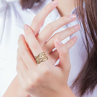 18K Gold Plated Rings for Women and Teen Girls Non Tarnish Cubic Zirconia Fidget Ring Butterfly/Snake/Mesh/Cross/Crown Knuckle Ring Open Adjustable Statement Stacking Chunky Rings - color: Mesh
