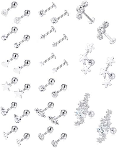 Tornito 9-30Pcs Cartilage CZ Stud Earrings Conch Forward Helix Tragus Daith Piercing Lip Rings Snake Heart Butterfly Jewelry for Women Men 16G Silver Gold Tone - color: B1:30Pcs, Silver Tone