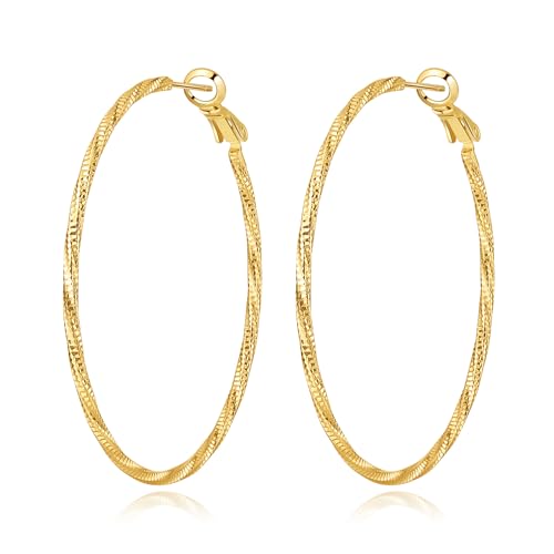 DAILY VIBES Dainty Thin Twisted Big Hoop Earrings for Women | 925 Sterling Silver Post, 14K Gold or Silver Plated Loop, Diamond-Cut Large Hoops, Hypoallergenic Hoop Earrings - color: Gold, size: 50mm