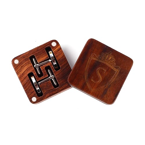 Mens Initial Silver Cufflinks A-Z Alphabet Letter Steel Cuff Links with Engraved Walnut Wood Box Groom Groomsman Wedding Set… - style: S
