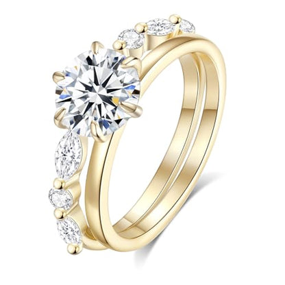 Moissanite Wedding Ring Bridal Set for Women, 3.3CTTW(2CT Center) Round Cut 9K Gold Plated D Color VVS1 Clarity, 925 Sterling Silver Wedding Band Engagement Rings for Her