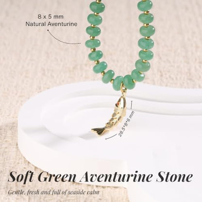 SAMYA Gemstone Beaded Necklace for Women, Natural Stone Ocean Jewelry | Fish or Seashell Pendant Beach Necklace, Gold Spacer Accents, Reinforced Stainless Steel Clasp, Adjustable 16"+2" - color: Green Aventurine