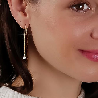 Threader Pearl Earrings for Women - Long Dangle with Simulated Pearls | Plated in Gold Tone or Silver Tone - color: Single Simulated Pearl - 14K Gold Plated